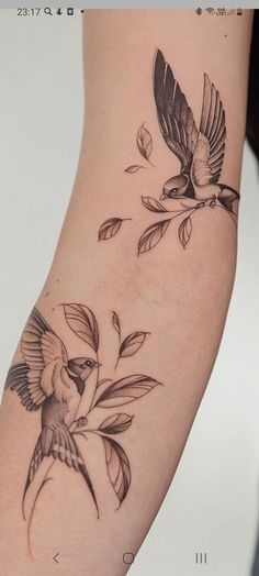 a bird and flower tattoo on the arm