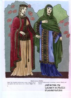 Ninth Century Medieval Dress. Artwork by @Lauren Schultz. With this drawing, I significantly altered Tom Tierney's original illustration, adding the rose bushes and embroidered bands to the dress of the woman on the right. Kievan Rus Clothing, Winged Sleeves, Slavic Clothing, Kievan Rus, Ukrainian Culture, Russian Clothing, Ukrainian Style, Medieval Clothes