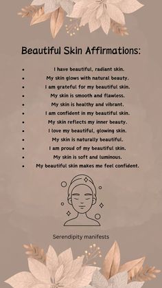 a woman's face with the words beautiful skin affirmations on it