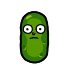 a green pickle with two eyes and one frowning at the viewer's face