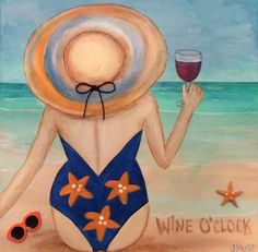 a painting of a woman on the beach holding a glass of wine