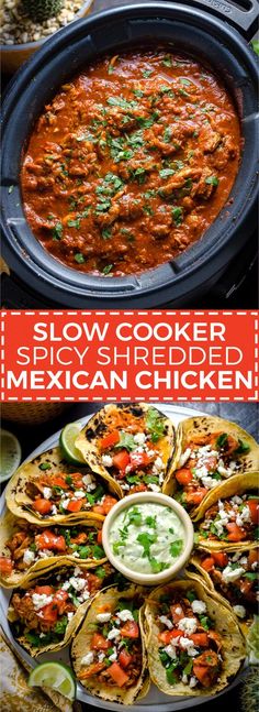 slow cooker mexican chicken recipe is shown in this collage with the words slow cooker mexican chicken