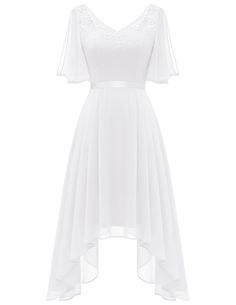 a women's white dress with short sleeves and an asymmetrical skirt