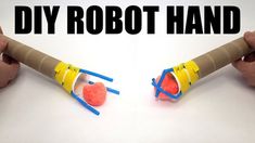 two hands are holding an object made out of toilet paper and some construction material with the words diy robot hand