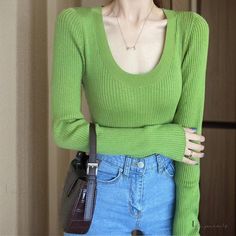 Lasaky - Sophisticated Round Neck Knitted Sweater: Long-sleeved, Body-hugging Solid Color Knit Top, Ideal for any Occasion. Cardigan Outfits, Tank Top Camisole, Pullover Designs, Cardigan Tops, Ribbed Sweater, Knitted Sweater, Sweater Top, Knit Top, Wool Blend