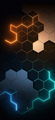 an abstract background with hexagonal cubes and neon lights in the center, on a black background