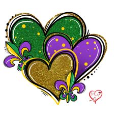 two heart shaped balloons are in the shape of hearts with gold and purple decorations on them