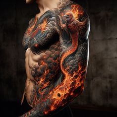 a man with a dragon tattoo on his arm and chest is shown in front of a dark background