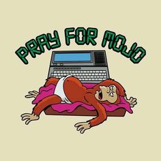 a monkey laying on top of a laptop computer with the words pray for mold above it