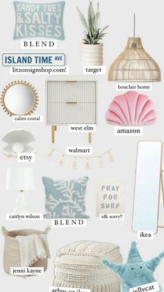 a bunch of different items that are on the wall in front of a mirror and lamp