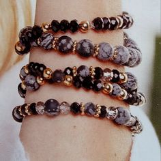 This Handmade Set Of Bracelets Features Stunning Snowflake Obsidian Stones, Black Crystals, Gray Crystals, And Gold Findings That Combine To Create Five Different Stackable Bracelets. Sizes Range From 7 7/8 To 8 1/4 Inches. Wear Them All Together, Or Separate Them Into Any Combination. The Black & Gray Color Palette Is A Perfect Match With Any Outfit! Handmade With Love By Marta! Adjustable Black Wrap Bracelet Hand-strung, Adjustable Black Wrap Bracelet With Round Beads, Adjustable Black Stretch Bracelet Hand Wrapped, Gray Crystals, Gray Color Palette, Stacked Bracelets, Grey Color Palette, Obsidian Stone, Snowflake Obsidian