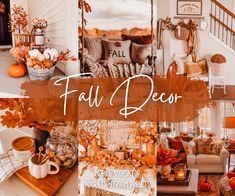 a collage of fall decor with pumpkins and other decorations