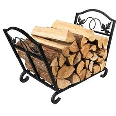 a log rack with firewood stacked in it and wrought iron bars on the sides