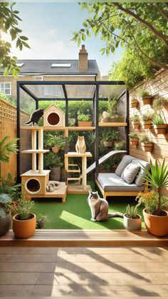 a cat sitting on top of a green grass covered floor next to a wooden fence