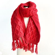 This Oversized Knit Scarf By Seeberger Features A Cable-Knit Pattern On One Side, Diamond Knit On The Other, And A Fringe Trim. Dimensions: Approx. 13 " X 70" Material: Exact Material Unknown, Feels Like Acrylic/Wool Mix. Excellent Condition, Never Worn! Red Casual Hand-knitted Knitting Pattern, Red Knit Pattern For Fall, Red Knit Fall Knitting Pattern, Red Knitting Pattern For Fall, Red Fall Knitting Pattern, Winter Red Knitted Knitting Pattern, Cozy Red Knitting Pattern, Red Winter Knitting Pattern, Cable Knit Scarf