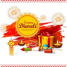 happy diwali greeting card with gifts and fireworks in the background royalty illustration stock illustration