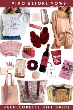 a collage of various items including wine, shoes and bags