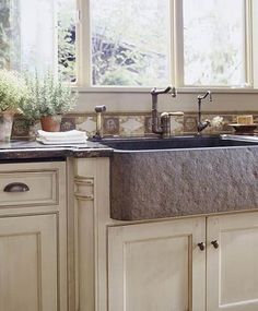 a kitchen sink sitting under a window next to a counter top with potted plants on it