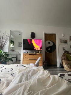 a room with a bed, television and other items