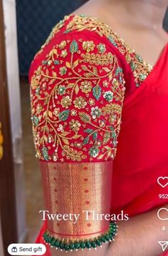 Aari Work For Red Blouse, Silk Blouse Stitching Designs, Hand Maggam Designs For Blouses, Zardosi Blouse Design, Marriage Saree Blouse Designs, Bridal Wedding Blouse Design, Maggam Blouses Latest, Marriage Aari Work Blouse Design, Red Saree Green Blouse Bridal