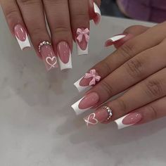 Ballet False Nails Long French Press On Nails With Rhinestone Wearable Coffin Fake Nail Pink Bow Temu Nails, Coffin French, Bow Nail Designs, Wave Nails, Easy Nails, Girly Acrylic Nails, Nail Art Set, Vacation Nails, Pink Acrylic Nails