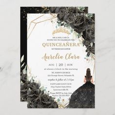 an elegant quinceauera birthday party with black roses and gold foil on it