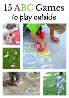 a book cover with photos of children playing outside and the title 15 abc games to play outside