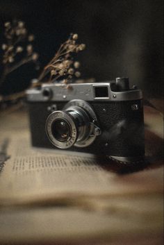 an old camera sitting on top of a book next to some dried flowers and leaves