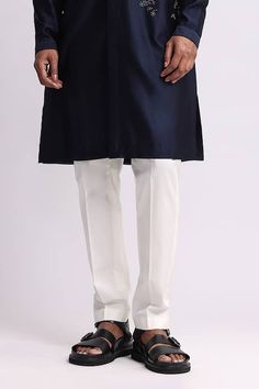 Navy chanderi kurta with thread placement embroidery. Comes with pant. - Aza Fashions Traditional Full-length Kurta With Zari Work, Cotton Chikankari Embroidery Straight Kurta Bottoms, Traditional Full Length Kurta With Zari Work, Traditional Drape Bottoms For Eid, Traditional Formal Sets With Straight Pants, Traditional Eid Bottoms With Drape, Cotton Straight Kurta Bottoms For Festive Season, Festive Cotton Straight Kurta Bottoms, Unstitched Traditional Wear Straight Pants For Eid