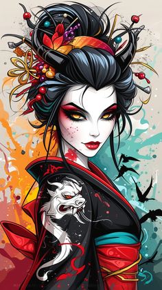 Yakuza Girl, Cat Graphic Art, Geisha Tattoo Design, Female Warrior Tattoo, Japanese Art Samurai, Girl Face Tattoo, Geisha Tattoo, Owl Tattoo Design, Traditional Tattoo Design