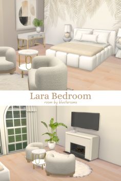 two different views of a living room with white furniture