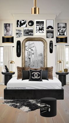 the bedroom is decorated in black and white