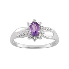 Decorated with an oval-cut genuine amethyst stone and diamond accents in a floral motif, this sterling silver ring makes a delightful accessory.RING DETAILSWidth: 9.73 mmMetal: rhodium-plated sterling silverSTONE DETAILSStone type: genuine amethystShape: ovalSetting: prongDIAMOND DETAILSTotal weight: less than 1/10 ct.Shape: roundColor grade: I-JClarity: I2-I3Setting: prongImage(s) may be enlarged to show detail.Diamond weights are approximate. Diamond total weights may vary between .01 and .08 Oval Diamond Ring In White Gold With Gemstone Accents, Classic Sterling Silver Amethyst Ring With Diamond Accents, Silver Amethyst Rings With Diamond Accents, Oval Amethyst Ring With Diamond Accents, Oval Amethyst Ring In White Gold With Accent Stones, Formal Oval Birthstone Ring With Gemstone Accents, Purple Classic Rings With Diamond Accents, Oval Amethyst Ring With Center Stone, Oval Amethyst Ring With Diamond Accents For Anniversary