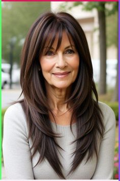 Master the art of aging gracefully with our expert guide to long hairstyles for older women over 50 that turn back the clock. Long Hair Styles For 50+ Women With Bangs, Straight Hair Over 50, Hairstyles With Layers And Bangs, Long Feathered Hairstyles, Medium Length Hair Styles With Bangs, Medium Length Hair With Layers And Bangs, Long Hair Over 50 Older Women, 2024 Haircut, Bar Advertising