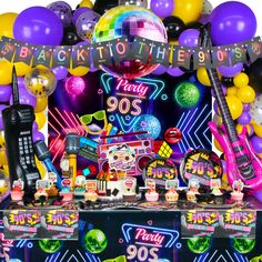 PRICES MAY VARY. 【1 Set for All Your Needs 】- This 90s theme party decorations set will satisfy all your demands for party supplies, including 1*banner, 1*tablecloth, 1*backdrop, 1*cake topper, 24 *cupcake toppers, 10*knives, 10*forks, 10*spoons, 20*napkins, 10*7-inch plates, 10*9-inch plate, 2*inflatable microphone (blue and yellow), 1*inflatable mobile phone, 1*inflatable guitar, 1 *center balloon, 94*balloons (all the balloons come in black, purple and yellow), 1*dot glue, 1*balloon chain, 1* 90's Theme Party, Tablecloth Backdrop, 18th Party, 80s Party Decorations, Back To The 90's, Dinosaur Party Decorations