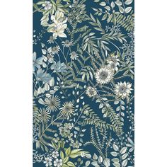 a blue and green floral wallpaper with white flowers, leaves and plants on it