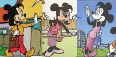 cartoon characters are depicted in three different pictures, one is mickey mouse and the other is minnie