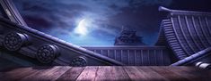 an escalator in front of a night sky with the moon rising above it