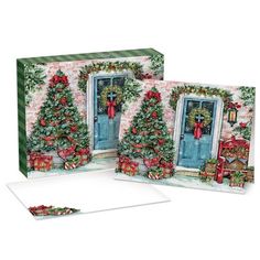 two greeting cards with christmas trees and presents in front of the doors to a house