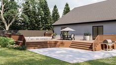 a backyard with deck, seating and patio furniture