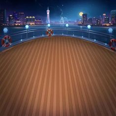 an animated view of a city at night from a deck on a ship with lights