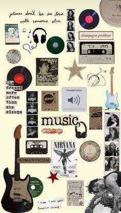 a collage of music related items including an electric guitar, record player and more