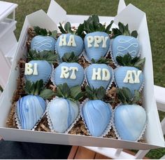 blue and white chocolate covered strawberries in a box with the words happy birthday written on them