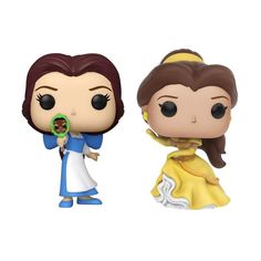 beauty and the beast pop vinyl figures are shown in two different styles, one is holding a donut