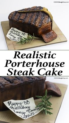 there is a cake made to look like steak on the plate with words written on it