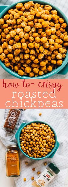 how to crispy roasted chickpeas in a blue bowl with the title above it