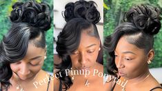 Pin Curl Pin Up Ponytail with layered Quickweave Side bang | Look & Learn How to achieve this look Cute Ponytail With Bangs, Pincurl Updo Black Hair, Pin Curl Bun With Bang, Pin Curl Ponytail, Ponytail With A Bang, Pin Up Ponytail, Bun With Curls Hanging Down, Ponytail With Side Bangs, Pin Curl Updo