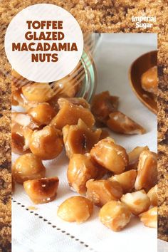 toffee glazed macadamia nuts in a glass jar