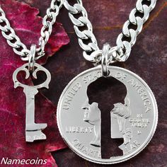 Holding the key to someones heart is such a privilege. These necklaces are cut from the same quarter. One has the key and the other has the inside Penny Art, Relationship Necklaces, Cut Coin Jewelry, Couples Jewelry, Friends Jewelry, Coin Art, Coin Design, Couple Jewelry, Coin Ring