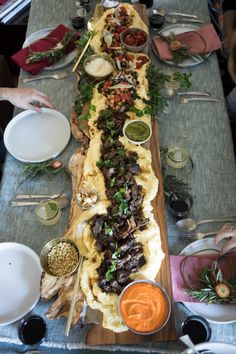 a long table with food on it